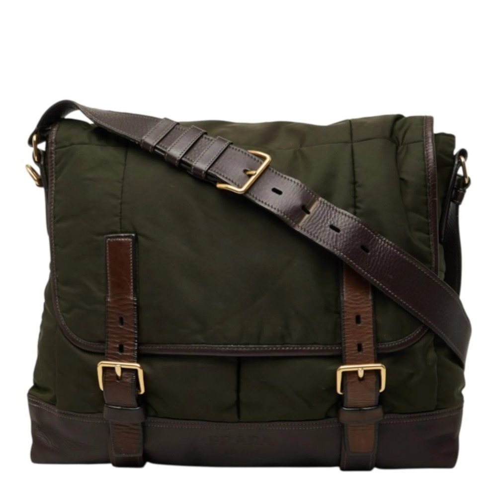 Prada Messenger Bag, Crossbody Shoulder Khaki Nylon Leather, Women's PRADA